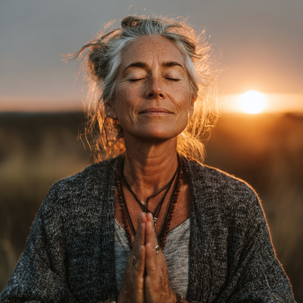 Mature woman around 50 years old in peaceful yoga pose outdoors at sunrise, representing inner wisdom and spiritual growth