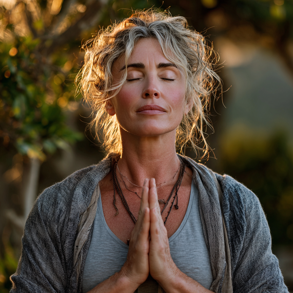Peaceful woman in her late 40s practicing yoga meditation in a serene outdoor setting with natural lighting